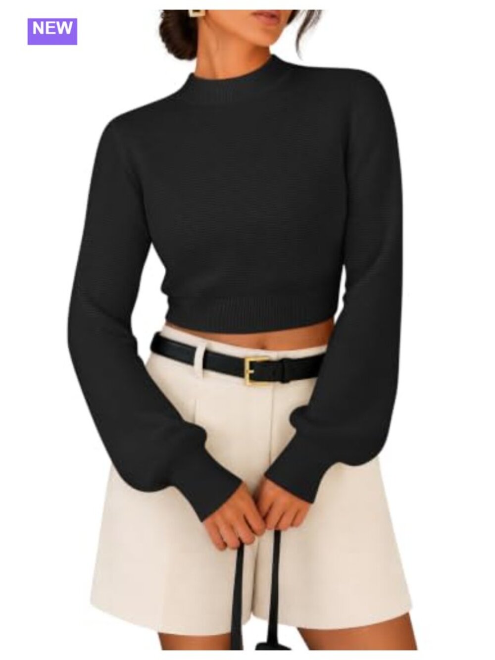 Cropped Mock Neck Pullover Sweater Long Sleeve Ribbed Knit Slim Fit